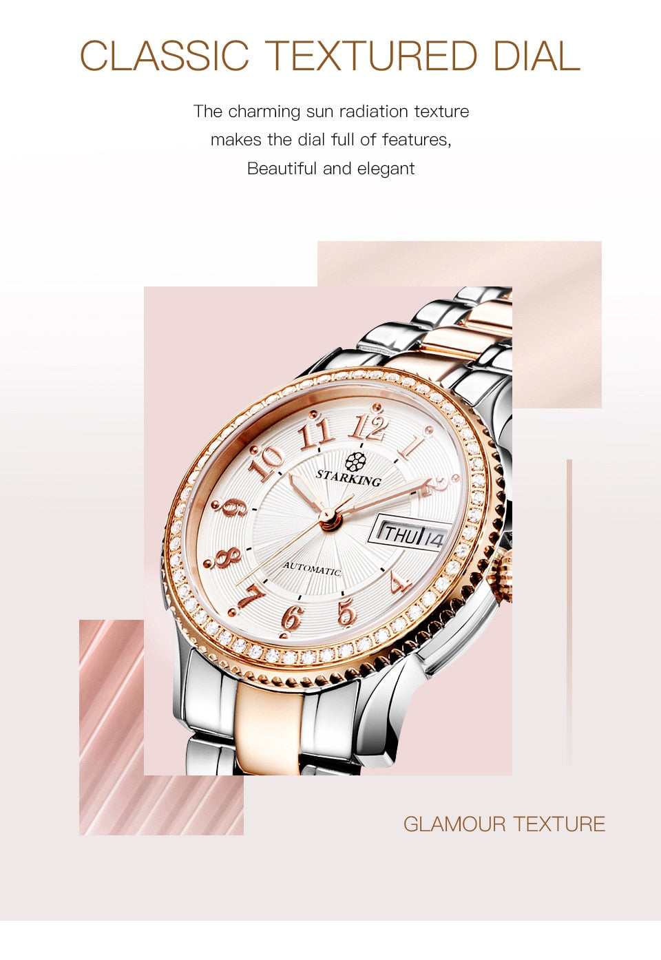 Ladies stainless steel wristwatch with sapphire crystal, automatic self-wind Miyota movement and bracelet design.