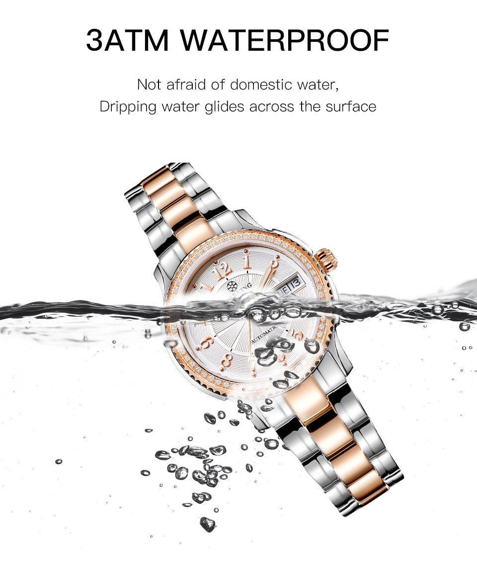 Stainless steel ladies wristwatch with sapphire crystal, automatic self-wind Miyota movement, bracelet style, from The Clothing Company Sydney