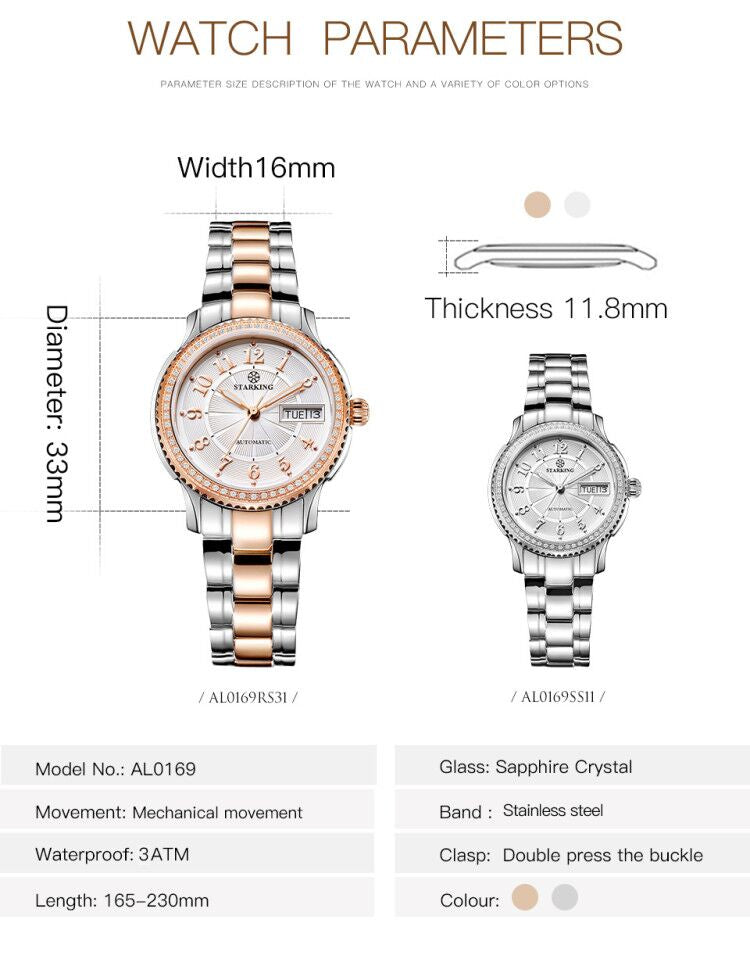Ladies stainless steel wristwatch with sapphire crystal, automatic Miyota movement, self-winding bracelet watch.