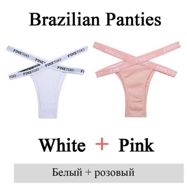 Two pairs of breathable summer Brazilian cotton panties for women, low rise with front cross design, from The Clothing Company Sydney.