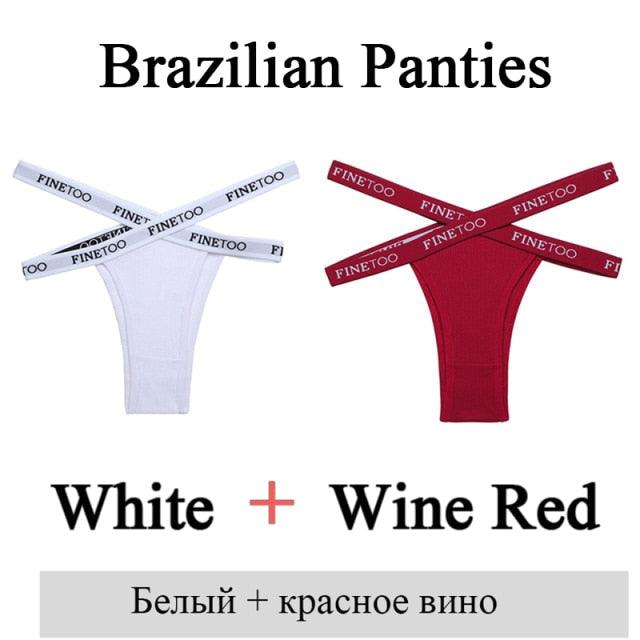 Two pairs of low-rise cotton Brazilian panties for women featuring front cross design, breathable lingerie briefs from The Clothing Company Sydney.