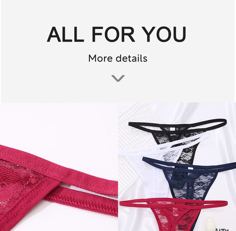 Two women's lace thong panties with floral design, G-string style, from The Clothing Company Sydney, featuring delicate lace details.