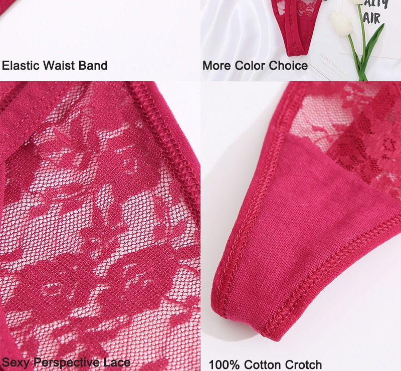 Two pairs of women's lace thong panties with floral G-string design from The Clothing Company Sydney undergarment set