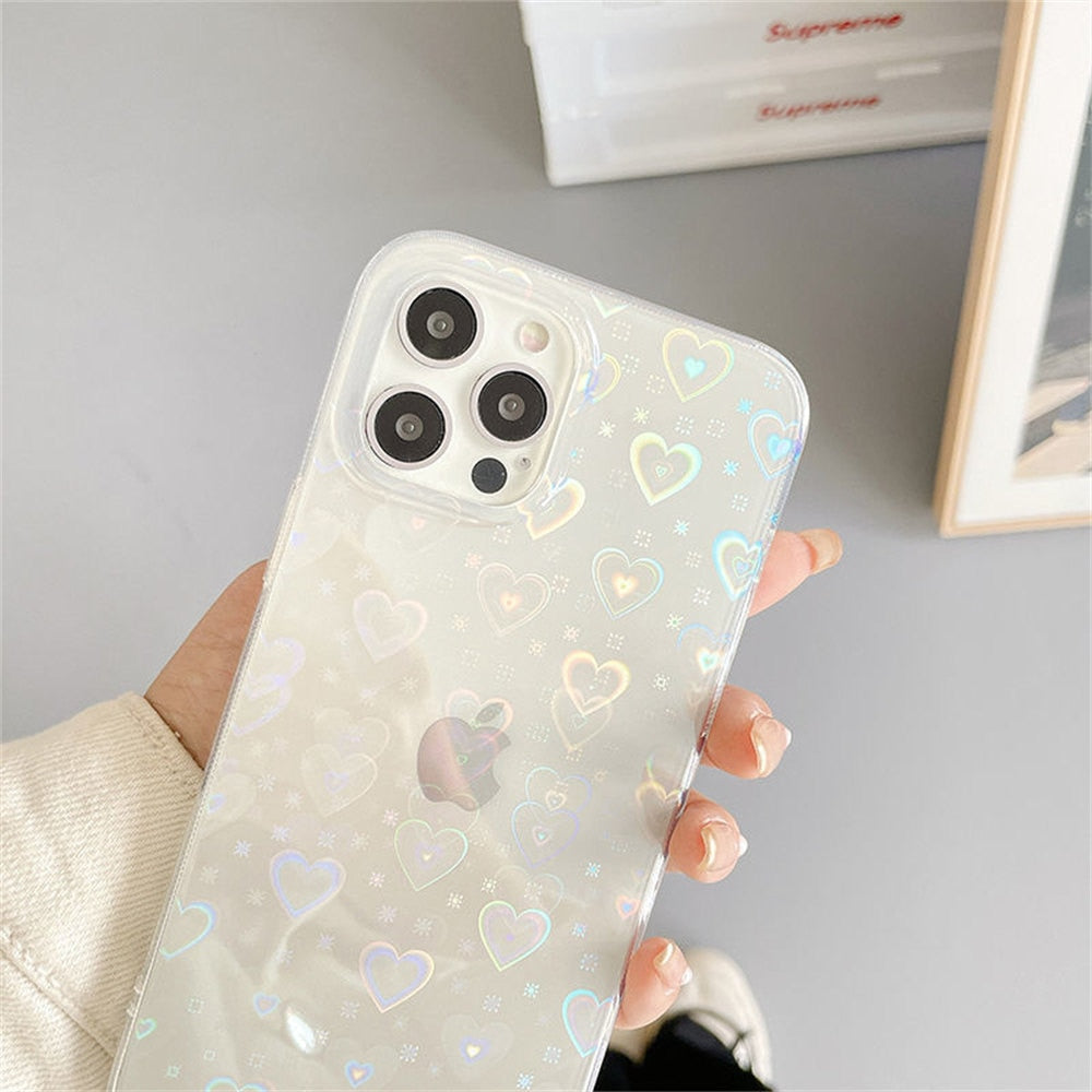Clear iPhone 11, 12, 13, 7, 8 Plus, XS, XR, SE case with gradient laser love heart pattern by The Clothing Company Sydney.