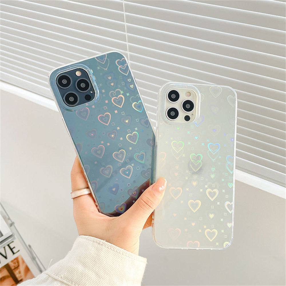 Clear iPhone 11, 12, 13, X, XS, XR, 7, 8 Plus, SE phone case with gradient laser love heart pattern by The Clothing Company Sydney