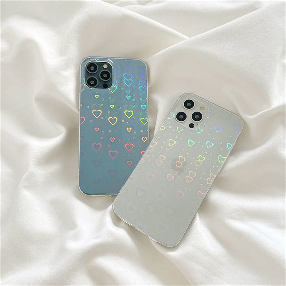 Clear iPhone case with gradient laser love heart pattern for iPhone 11, 12 Pro Max, 13, XS, XR, 7, 8 Plus, SE by The Clothing Company Sydney