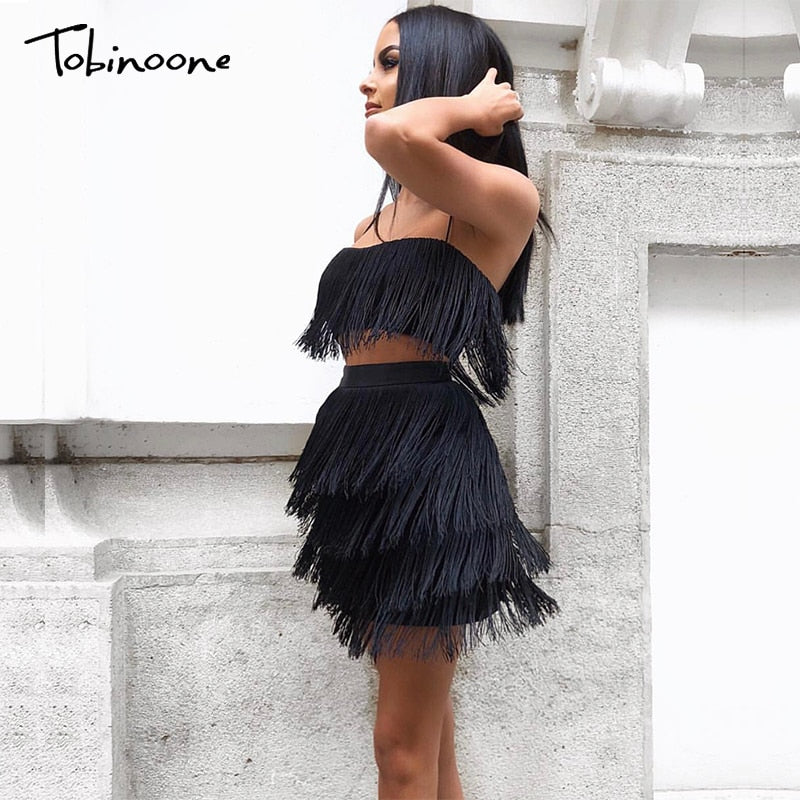 Elegant 2-piece summer tassel dress by The Clothing Company Sydney, off-shoulder mini dress with fringe embellishments for club parties.