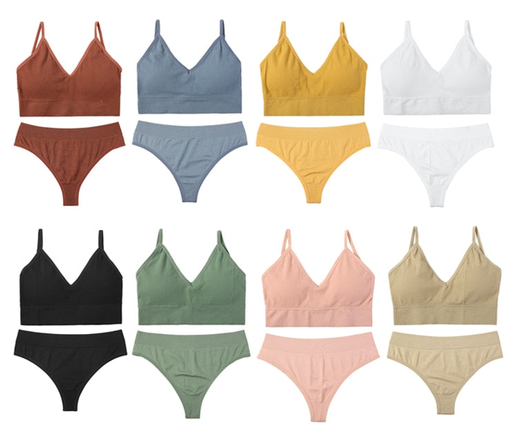 Seamless cotton bra and thong set by The Clothing Company Sydney, low waist, wire-free bralette lingerie for women.