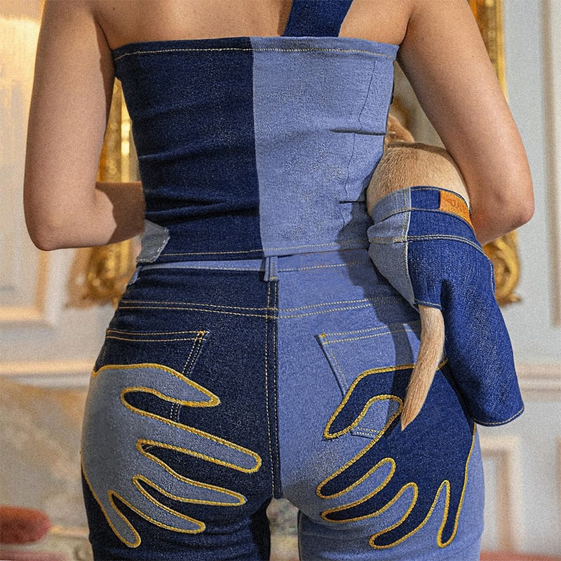 Vintage flare jeans from The Clothing Company Sydney with embroidery, patchwork details, and casual streetwear style.