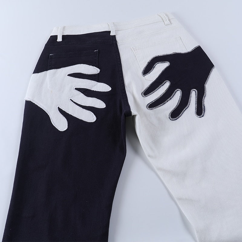 Flare denim jeans with embroidery and patchwork, casual streetwear pants by The Clothing Company Sydney, vintage Y2K style.