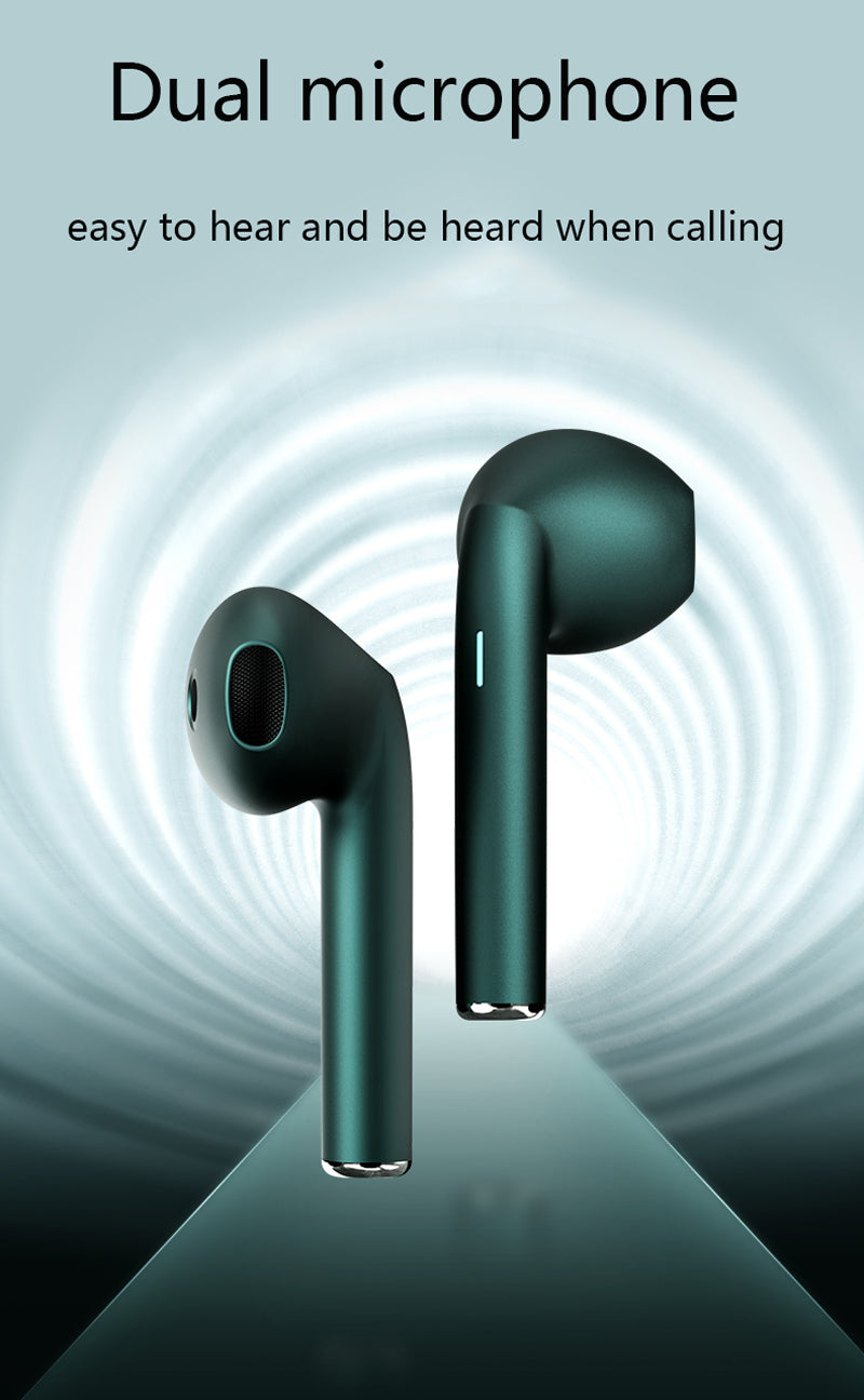 Wireless Bluetooth 5.1 earbuds with stereo sound, in-ear design, built-in mic, and handsfree features for mobile phones.