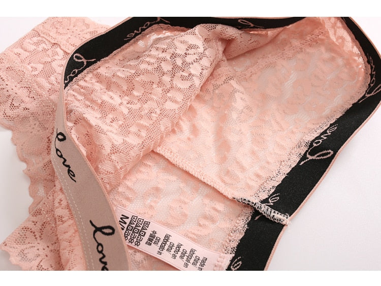 Low-waist lace G-string underwear with transparent fabric and LOVE letter embroidery from The Clothing Company Sydney.