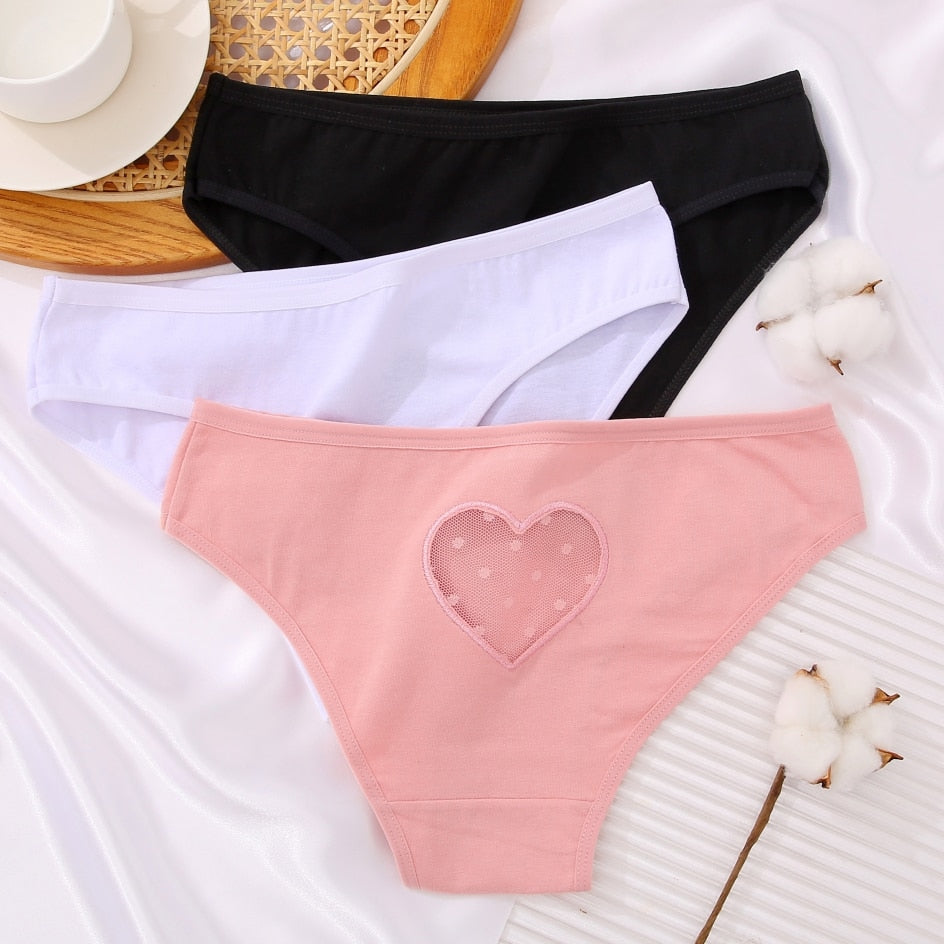 Three-pack Cotton Mix Panties by The Clothing Company Sydney featuring lace, transparent hearts, low waist, seamless design.