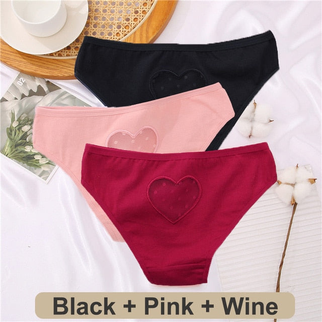 Three-pack Cotton mix panties with lace, transparent hearts, low waist, hollow-out design, seamless briefs from The Clothing Company Sydney