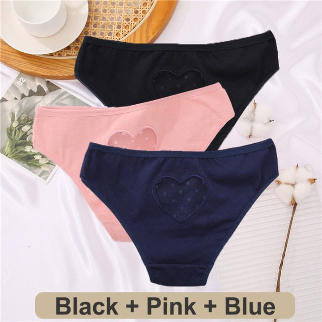 Three-pack cotton mix lace panties with transparent heart designs, low-waist hollow-out briefs, seamless lingerie from The Clothing Company Sydney