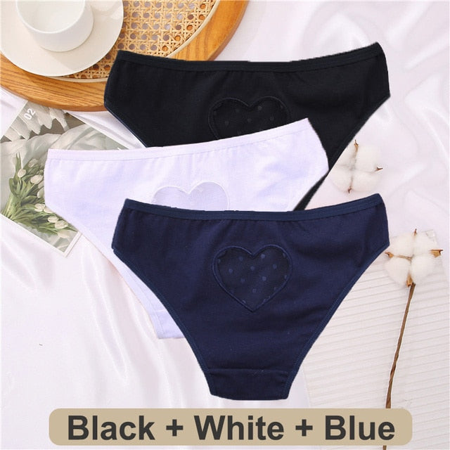 Three-pack cotton mix lace panties featuring transparent heart designs, low waist, hollow out briefs, seamless lingerie by The Clothing Company Sydney