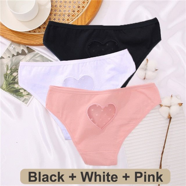 Three-pack cotton mix lace panties with transparent heart designs, low-waist, hollow-out briefs, seamless lingerie from The Clothing Company Sydney