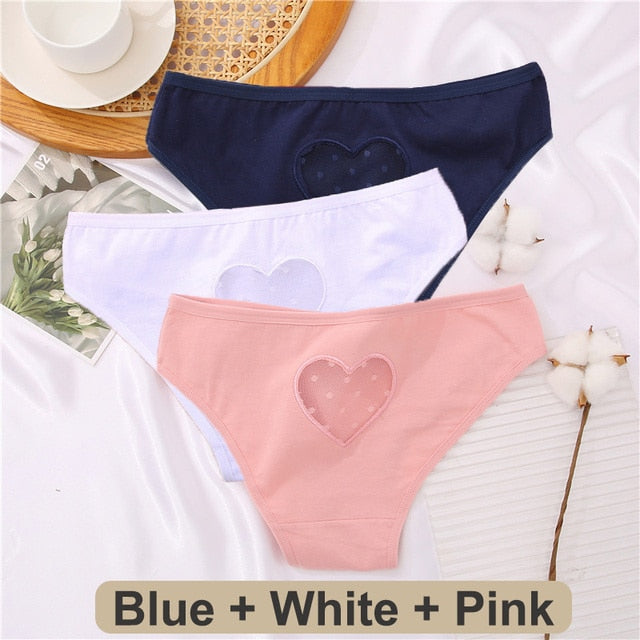 Three-pack cotton mix panties from The Clothing Company Sydney featuring lace, transparent heart details, low-waist, and seamless design.