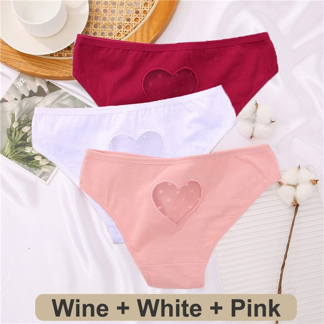 Three-pack cotton mix panties with lace, transparent hearts, low waist, hollow-out design, seamless lingerie by The Clothing Company Sydney