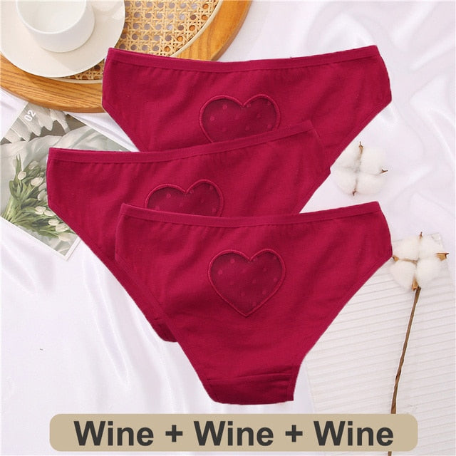 Three-pack cotton mix panties from The Clothing Company Sydney featuring lace, transparent hearts, low waist, hollow out seamless underwear.