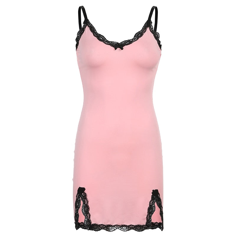 Pink strap bow bodycon summer mini dress with lace patchwork, side split, and feminine aesthetic design by The Clothing Company Sydney.