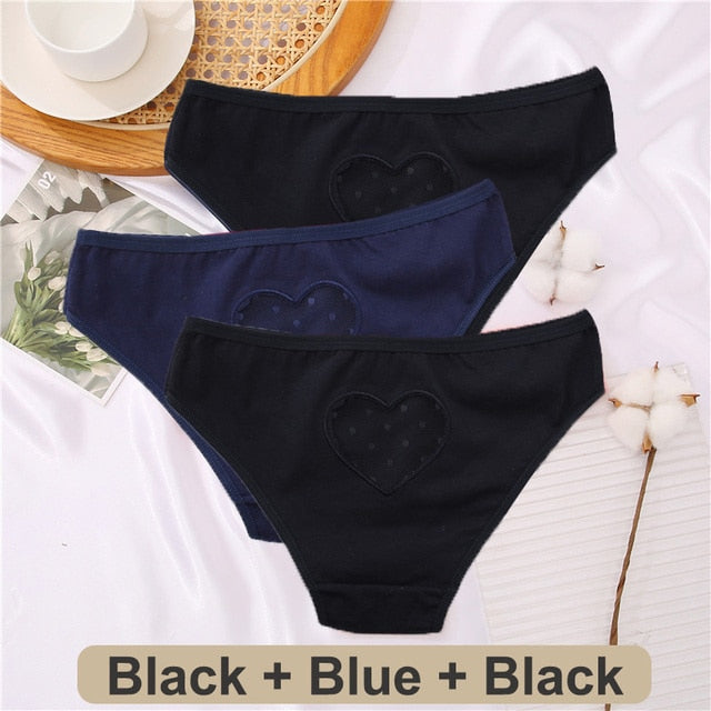 Three-pack Cotton Mix Panties by The Clothing Company Sydney featuring lace, transparent hearts, low-waist, and seamless design.