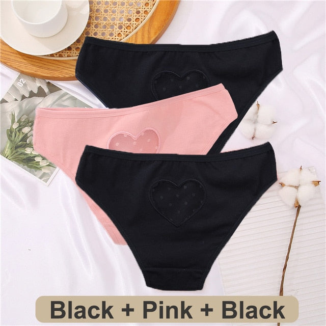 Three-pack cotton mix panties from The Clothing Company Sydney featuring lace, transparent hearts, low-waist, hollow out briefs, seamless lingerie