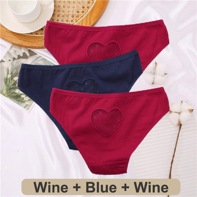 Three-pack cotton mix lace panties with transparent hearts, low-waist, hollow-out briefs, seamless lingerie from The Clothing Company Sydney.
