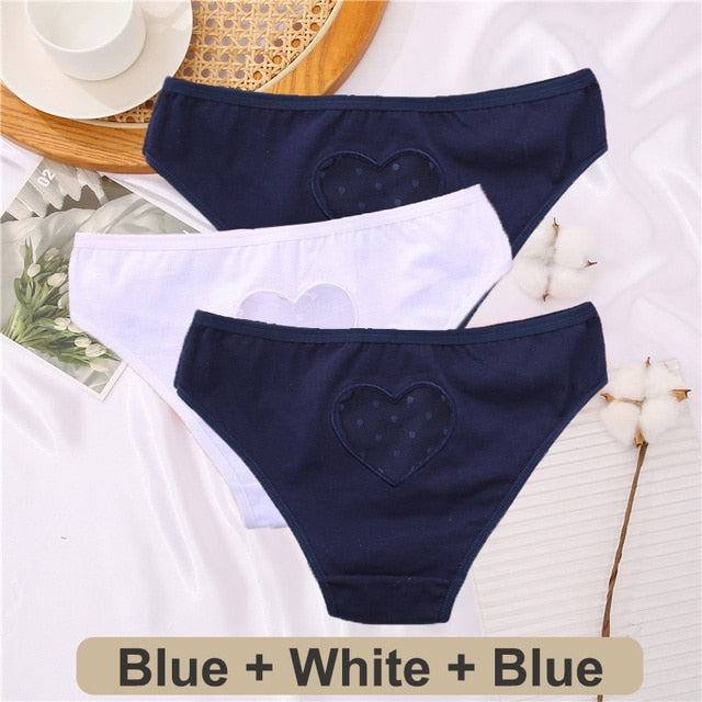 Three-pack Cotton Mix panties from The Clothing Company Sydney featuring lace, transparent heart accents, low-waist design, seamless lingerie