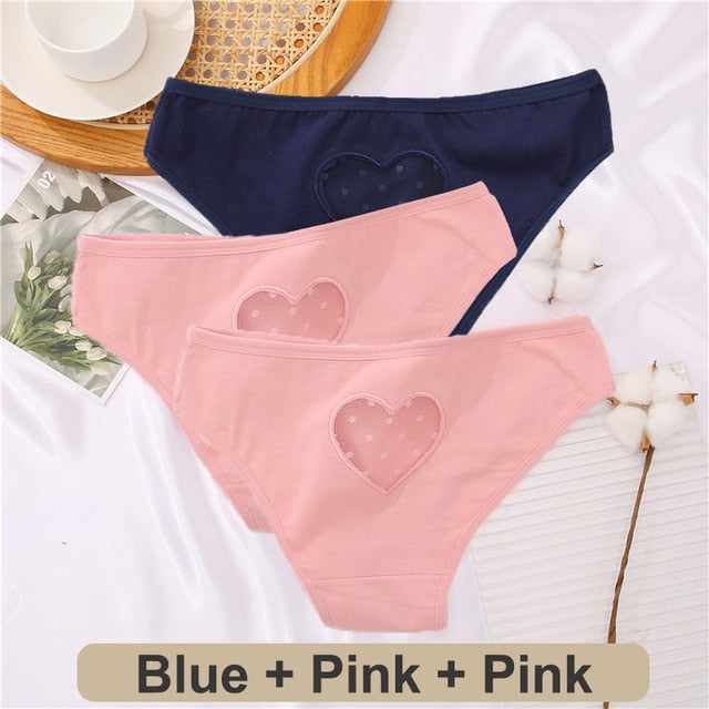 Three-pack cotton mix lace panties with transparent hearts, low waist, hollow out design, seamless underwear from The Clothing Company Sydney.