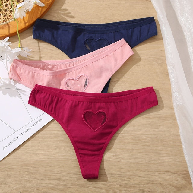 Three-pack cotton mix lace and transparent heart low-waist panties from The Clothing Company Sydney, seamless underwear with hollow-out design.
