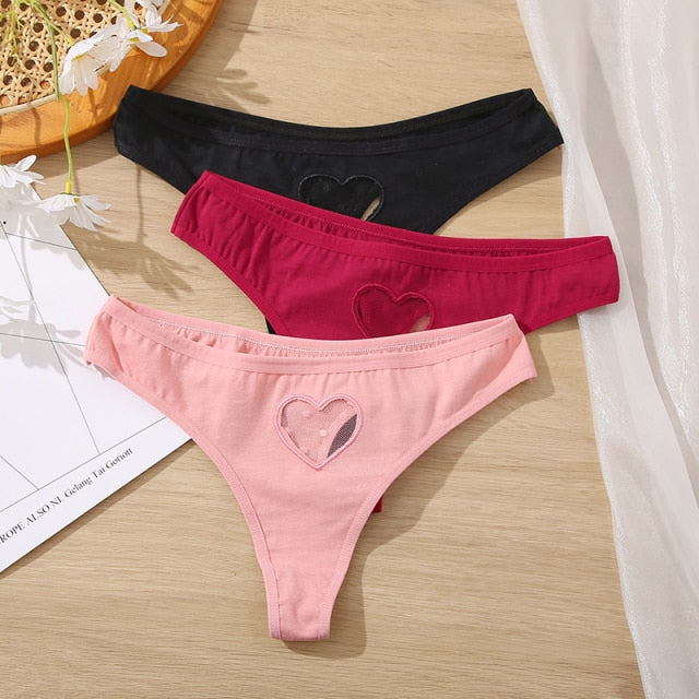 Three-pack cotton mix panties from The Clothing Company Sydney, lace transparent heart design, low-waist, seamless lingerie.