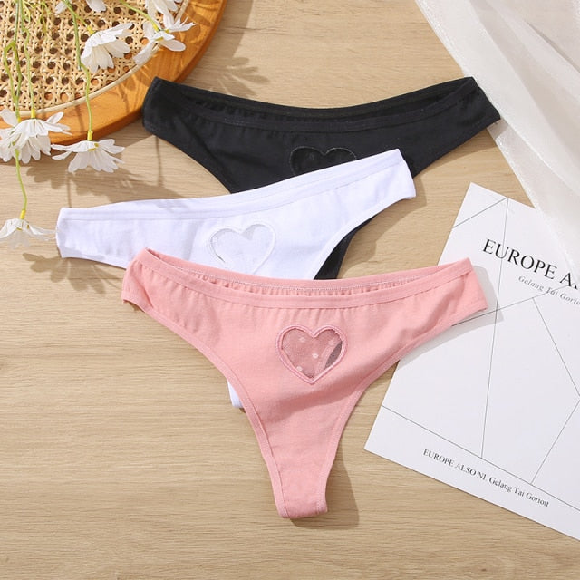 Three-pack cotton mix panties from The Clothing Company Sydney featuring lace, transparent hearts, low-waist, hollow-out briefs, seamless underwear.