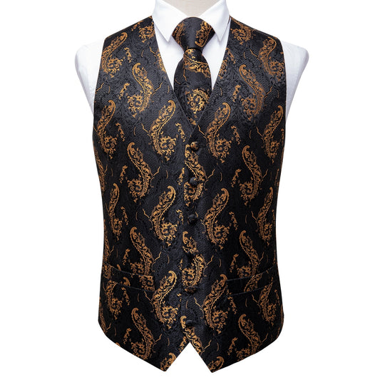 5 Piece Men Gold Paisley Silk Waistcoat Ascot Tie Pocket Square Necktie Ring Set Wedding Formal Dress Vests Set The Clothing Company Sydney