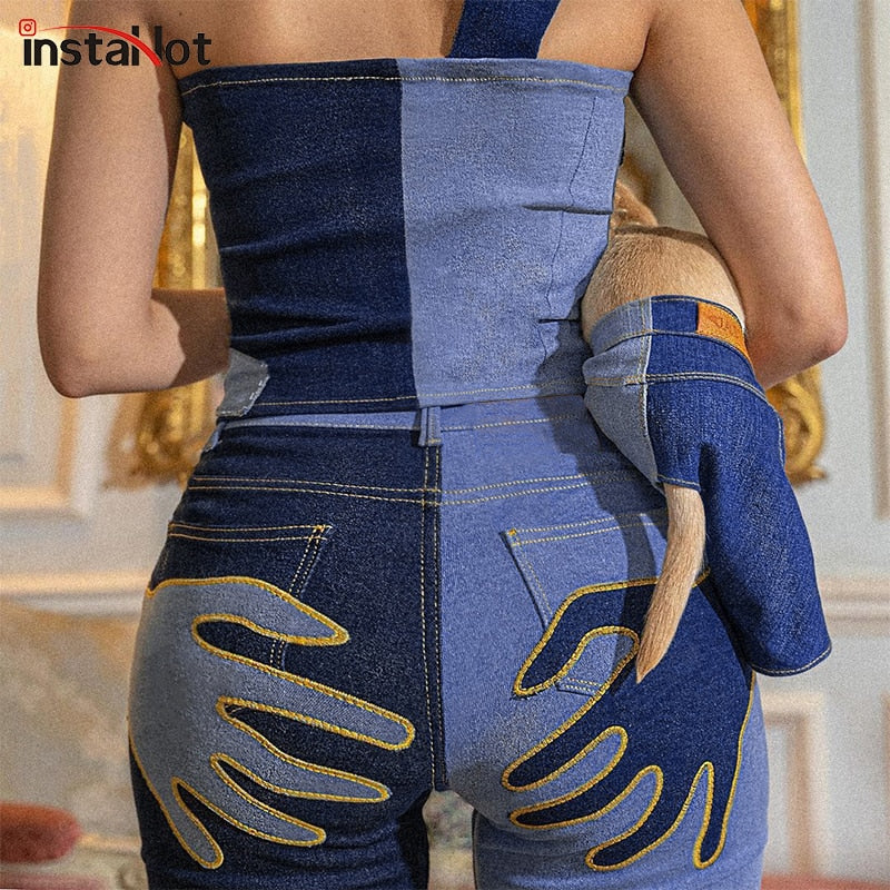 Blue flare jeans with embroidery and patchwork design, casual streetwear denim trousers by The Clothing Company Sydney.