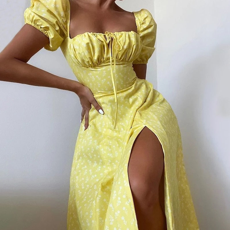 Elegant floral print short sleeve split dress by The Clothing Company Sydney, showcasing a stylish and feminine design.
