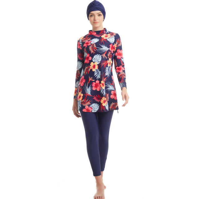 Plus size long sleeve swimsuit by The Clothing Company Sydney with full coverage, three-piece swimwear set for women.