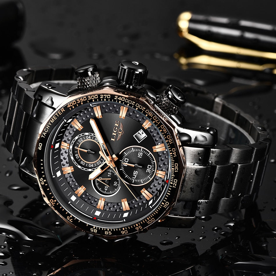 Men's luxury stainless steel quartz chronograph watch with waterproof design, from The Clothing Company Sydney.