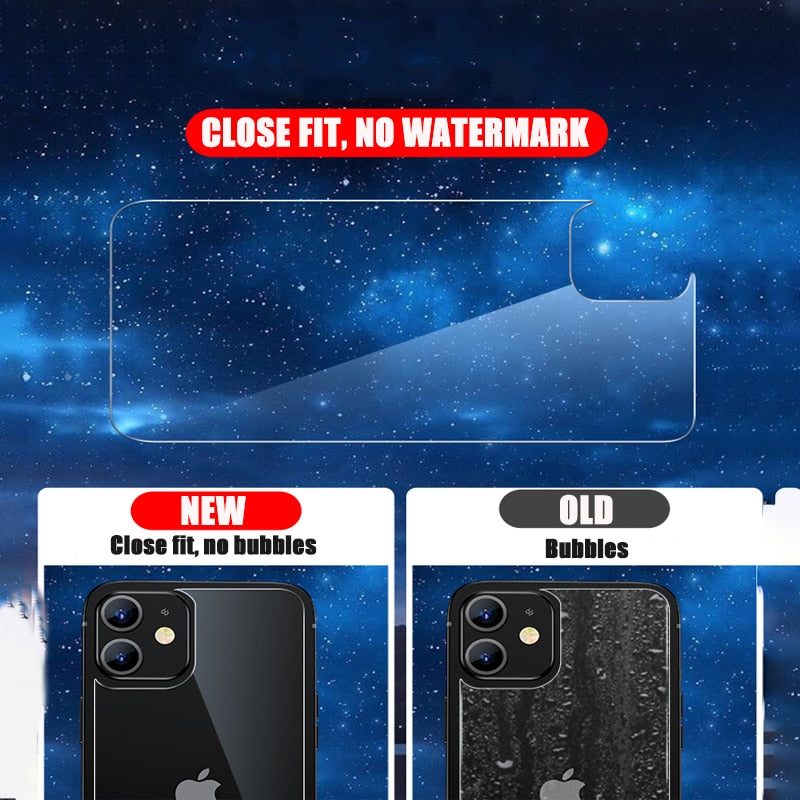 Clear tempered glass screen protector for iPhone 13, 12, 11 Pro Max, and Mini, offering full front, back, and lens protection.