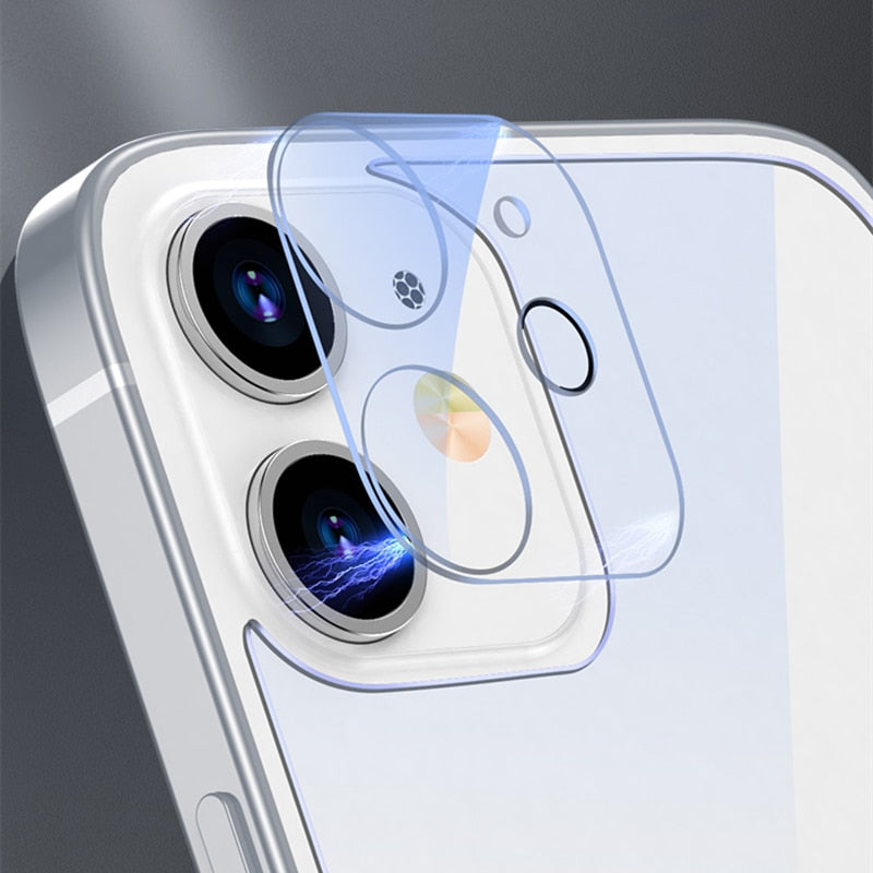 Clear tempered glass screen protector for iPhone 13, 12, 11 Pro Max, and Mini, providing full front and back coverage.