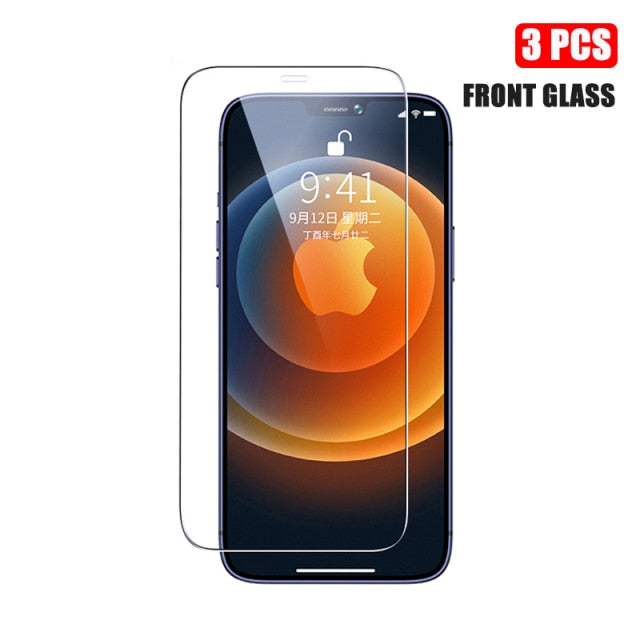 HD clear tempered glass screen protector for iPhone 13, 12, 11 Pro Max, and Mini, providing full front, back, and lens protection.
