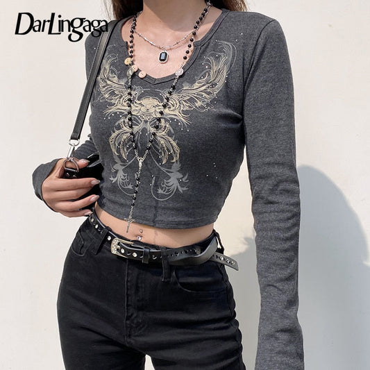 Vintage Rhinestone Print Graphic Long leeve T shirt Grunge Fairycore Y2K Crop Top Dark Academia Autumn T-shirt The Clothing Company Sydney
