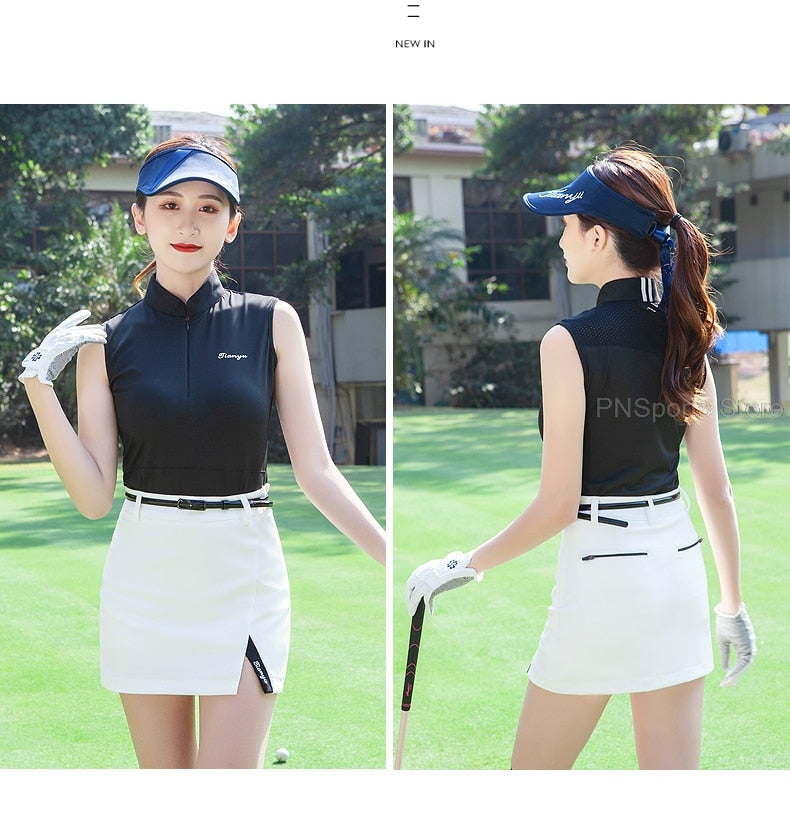 Ladies golf skirt set by The Clothing Company Sydney with sleeveless slim top and pleated tennis skirt, made from dry fit fabric.