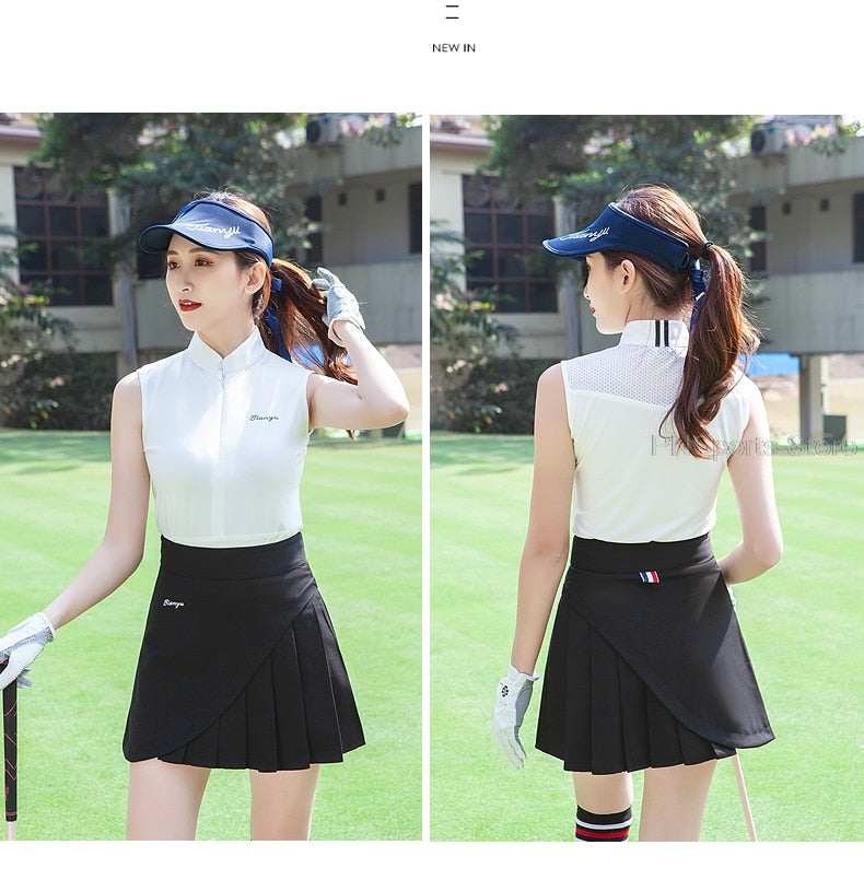 Ladies golf skirt set by The Clothing Company Sydney, sleeveless slim top and pleated tennis skirt for active sportswear.