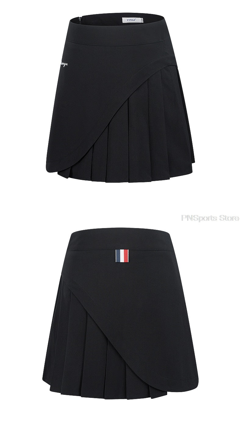 Ladies golf skirt set by The Clothing Company Sydney with sleeveless slim top and pleated tennis skirt for active sports.
