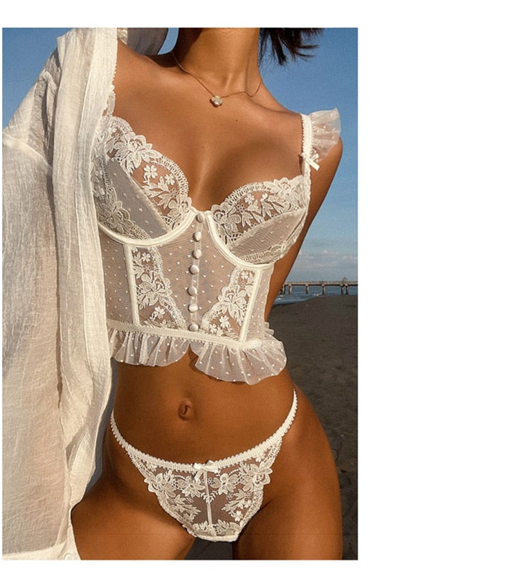 White lace French lingerie underwear set with push-up bra and transparent panties, elegant wedding undergarments by The Clothing Company Sydney.
