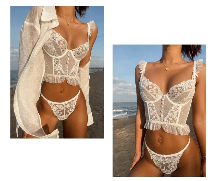 French lace lingerie set with push-up bra and transparent panties, white wedding underwear by The Clothing Company Sydney.