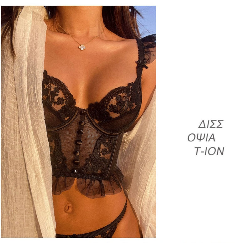 White lace French lingerie underwear set with push-up bra and transparent panties from The Clothing Company Sydney.