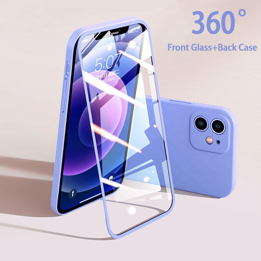 Two-piece iPhone case with tempered glass front and matte back, shockproof PC cover for iPhone 13, 12, 11 Pro Max, XR, XS, 7, 8 Plus, SE 2020