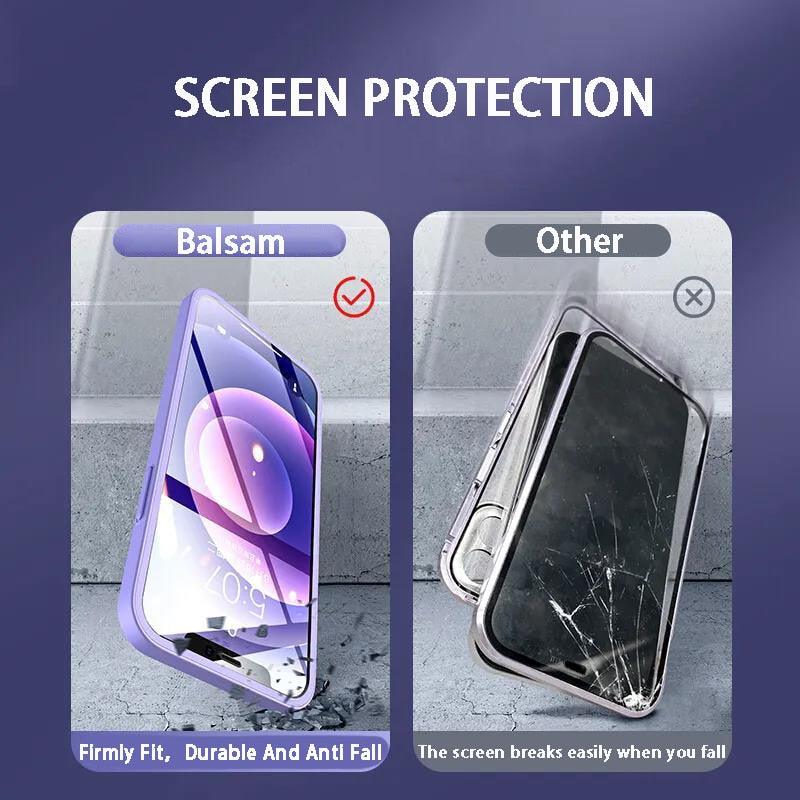 Two-piece iPhone case with 360° tempered glass front and matte back, shockproof PC cover for iPhone 11, 12, 13, XR, XS, and more